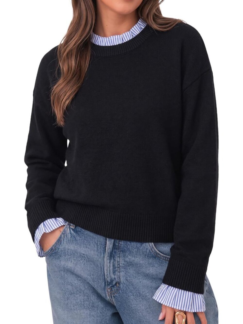 Cozy Long Sleeve Ruffle Sweater Top | Patchwork Knit Crew Neck for Women